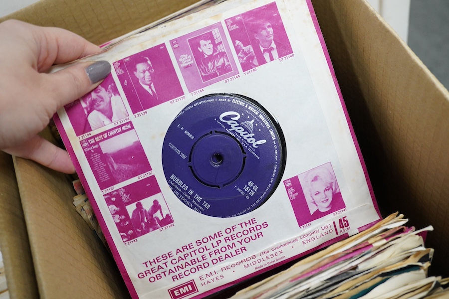 Three boxes of 7 inch singles, all on Capitol, CBS and Deram record labels, artists include; Justin Hayward, Neil MacArthur, Timebox, The Web, The Amen Corner, Bob Seger, Glen Campbell, Billy Preston, The Piltdown Men, P